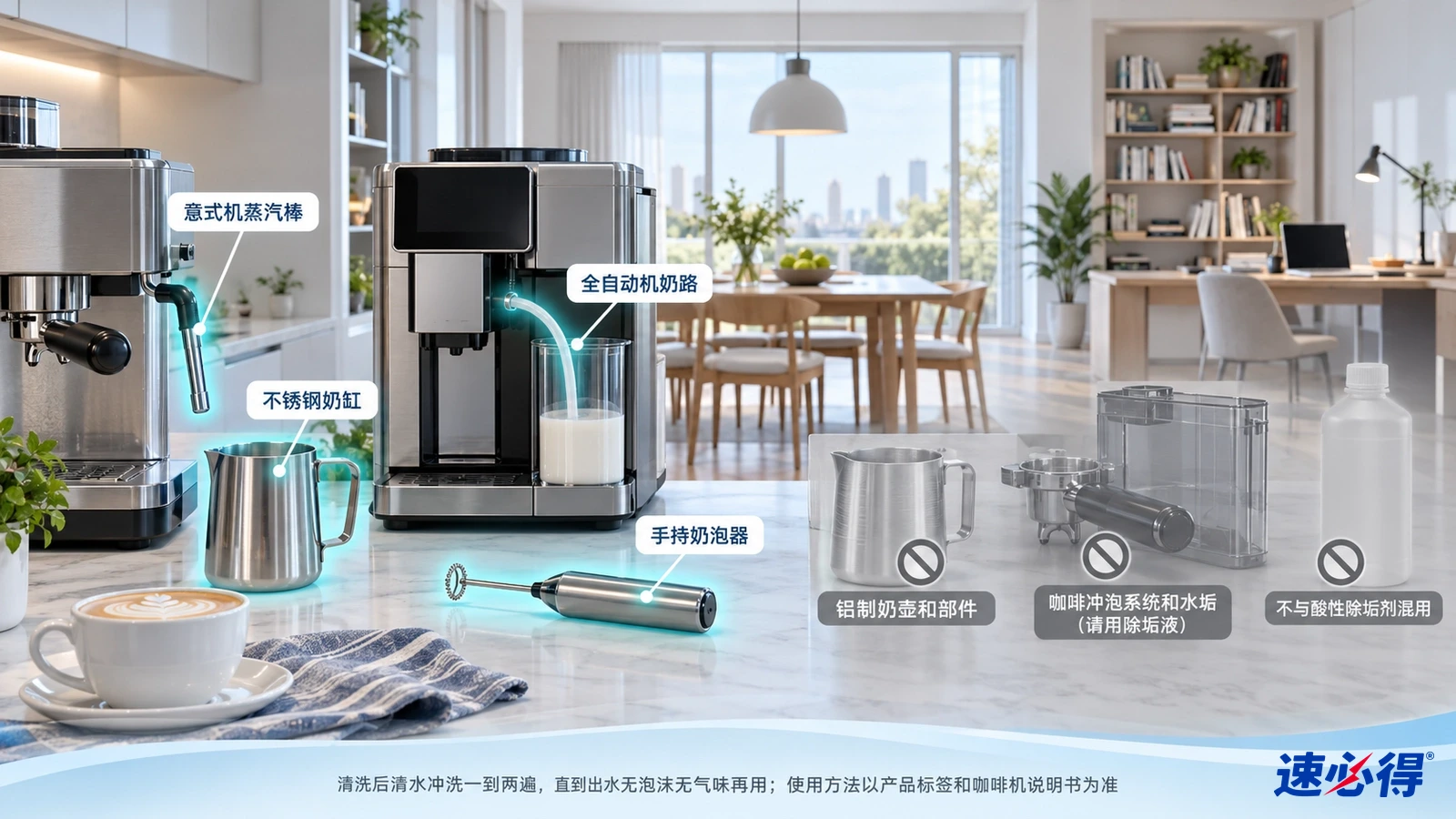 示意图:咖啡设备的蒸汽棒、奶管和奶缸区域被突出显示,旁列部件注意事项。