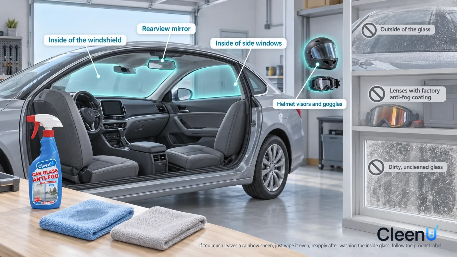 Illustration: CleenU Car Glass Anti-Fog — use one parked unbranded family car with grey interior and center armrest in cool morning window light, no driving or in-motion application