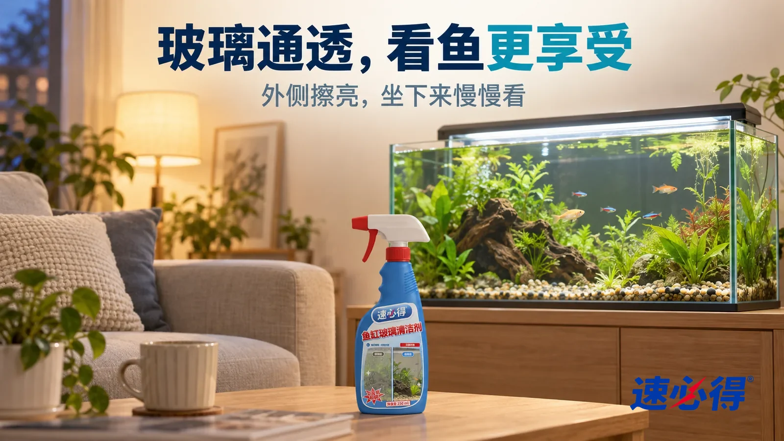 示意图：速必得鱼缸玻璃清洁剂——傍晚安静的客厅，一个水草鱼缸（无品牌标志）亮着柔和的缸灯，前玻璃通透，几条小鱼在水草间游，前方一张空沙发，标题“玻璃通透，看鱼更享受”