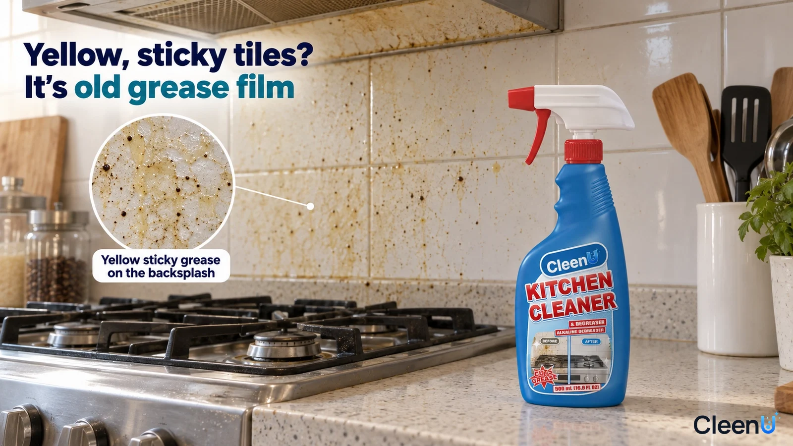 Illustration: Yellow-brown grease on white kitchen backsplash tiles beside a blue cleaner bottle.