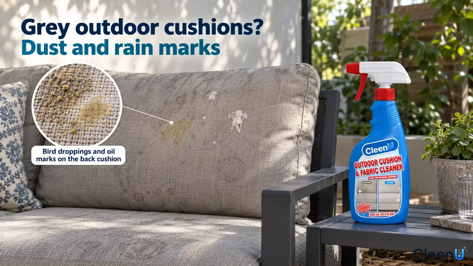 Illustration: Dust and pale marks on gray outdoor sofa cushions beside a blue bottle.