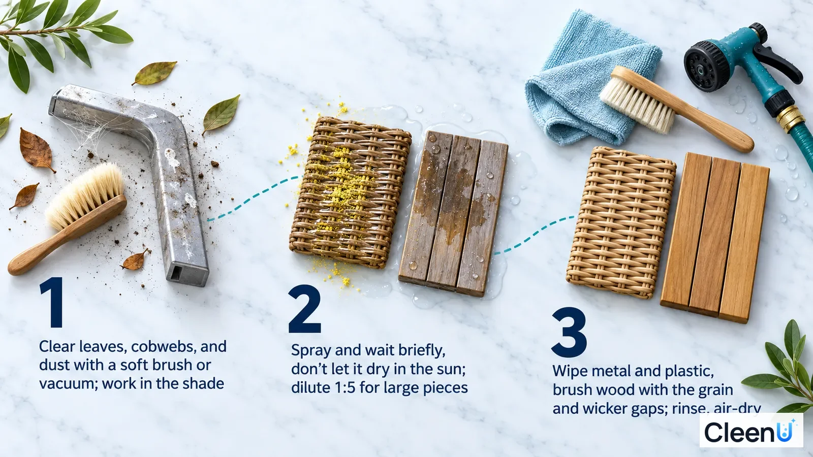 Illustration: A vacuum nozzle, metal, woven and wood samples, brush and hose with numbered steps.