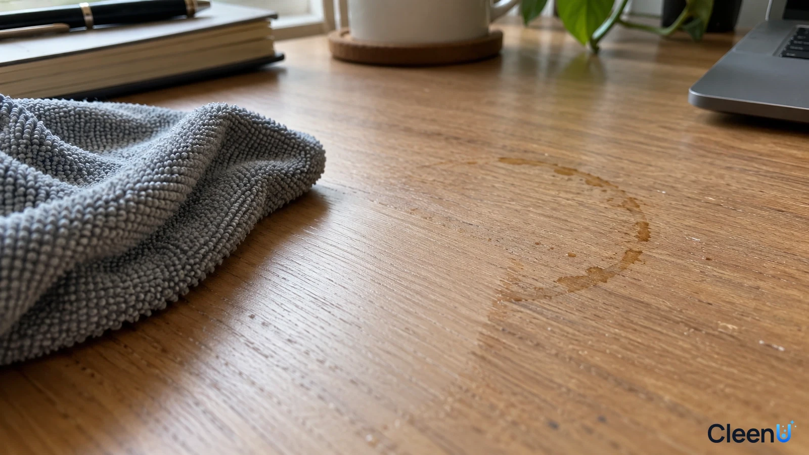 Illustration: Close-up of a brown cup ring, handprints and adjacent gray cloth on a wooden desktop.