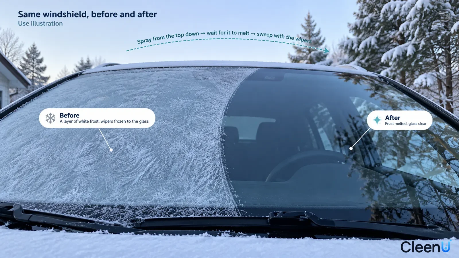 Illustration: Frosted and clearer areas on one car windshield; not a measured de-icing test.