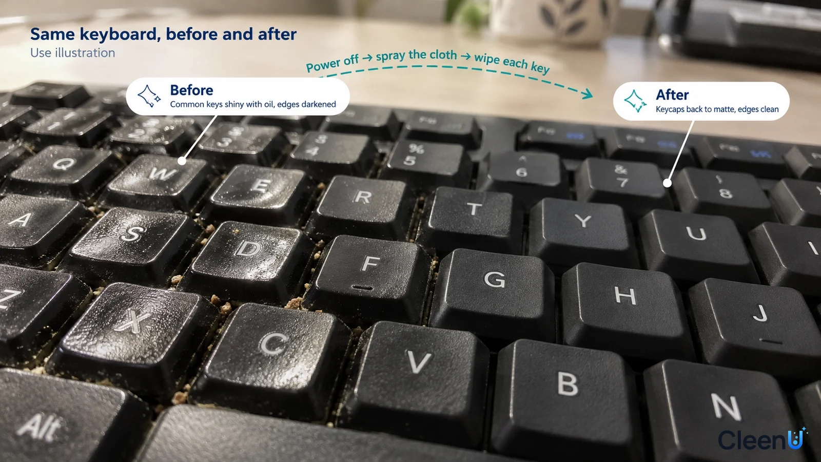 Illustration: Oily black keyboard keycaps beside a clearer area; not a measured cleaning test.