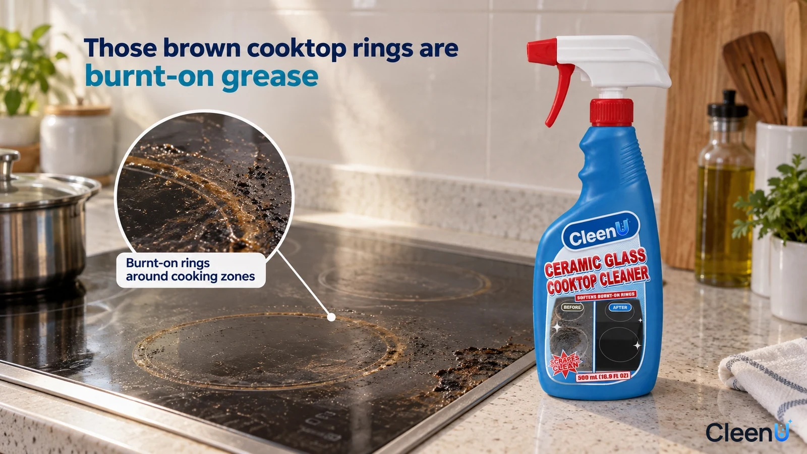 Illustration: Brown burnt grease rings on a black glass cooktop beside a blue cleaner bottle.