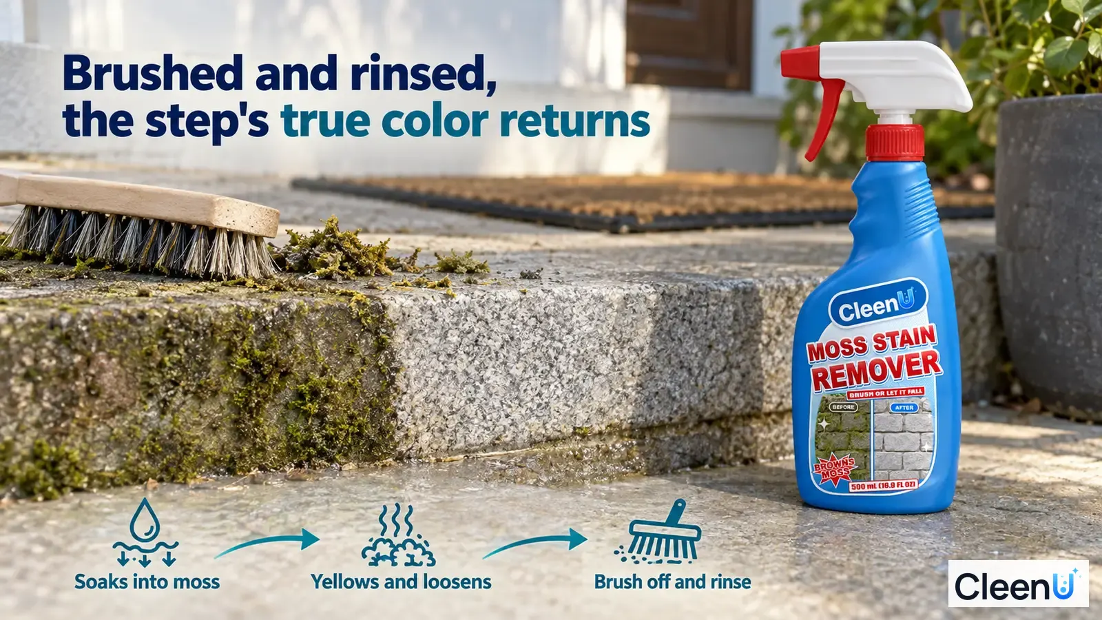 Illustration: Mossy and clearer stone-step areas beside a brush and blue cleaner bottle.