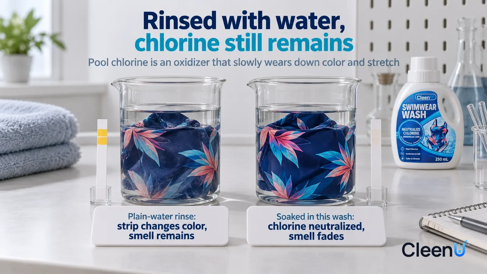Illustration: CleenU Swimwear Wash — A landscape medium close-up of a small experiment in a laundry lab: two identical clear glass beakers side by side on a white test bench Headline: "Rinsed with wat