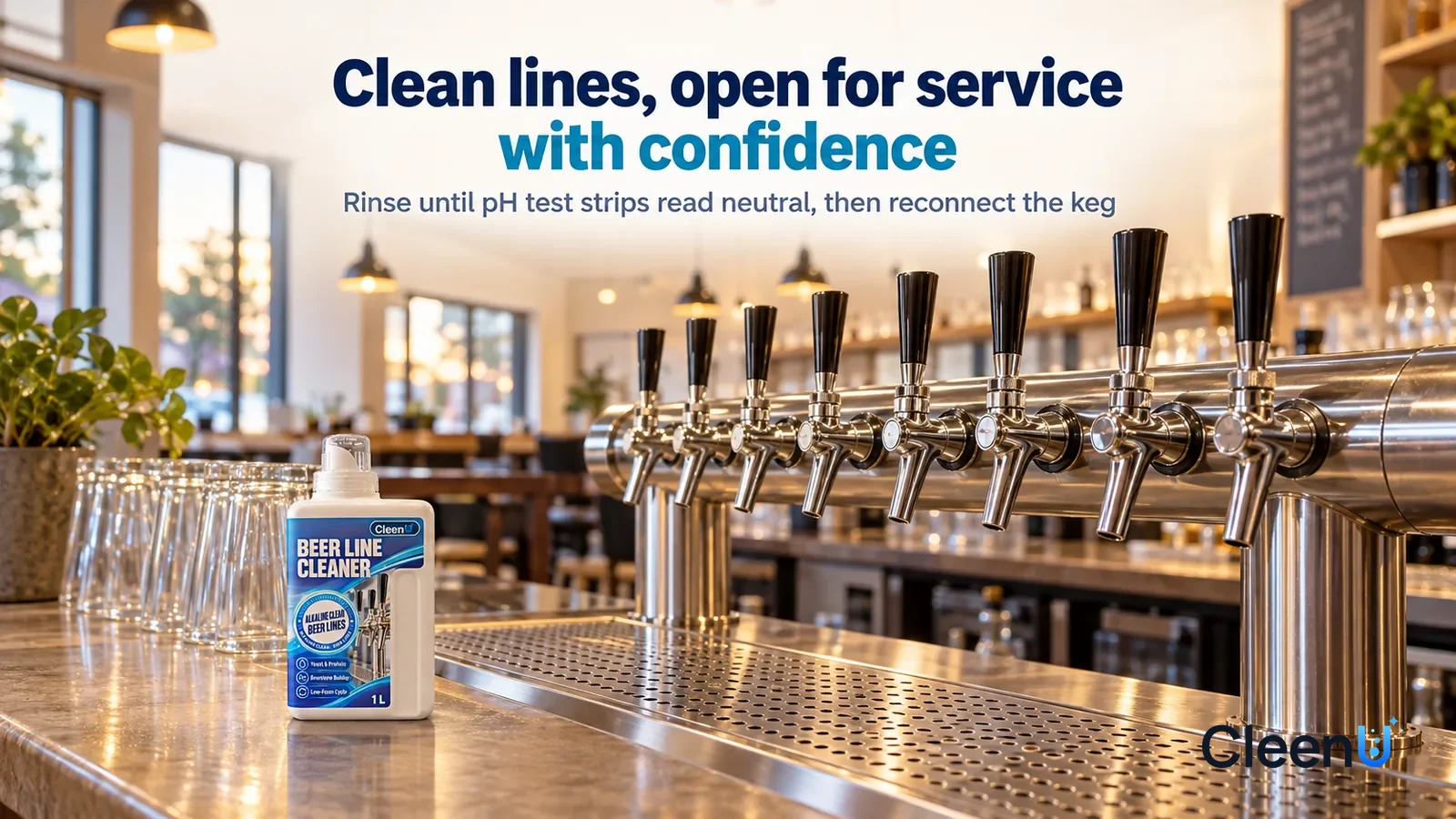 Illustration: CleenU Beer Line Cleaner — A restaurant bar in the early evening before opening, a row of stainless-steel beer faucets with no markings polished bright Headline: "Clean lines, open for s