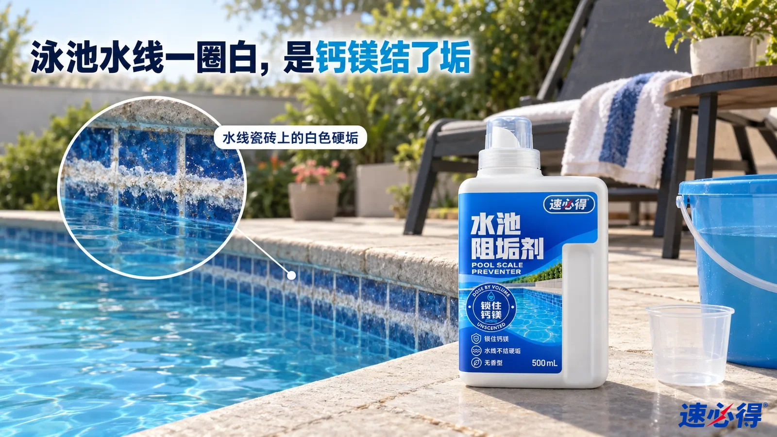 示意图：泳池蓝瓷砖水位线上的白色水垢和白色阻垢剂瓶。