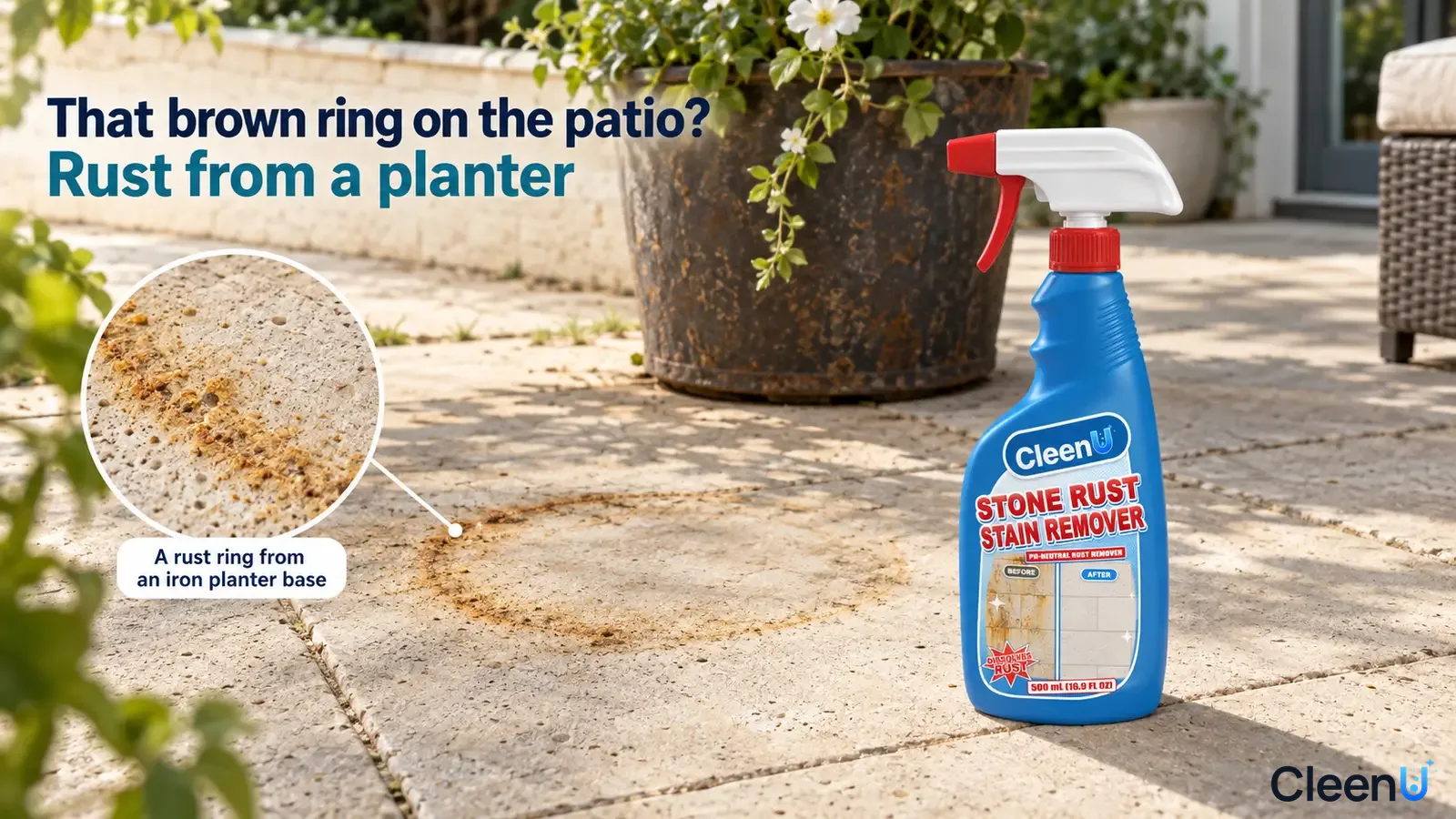 Illustration: A brown planter rust ring on light patio stone beside a metal planter and blue bottle.