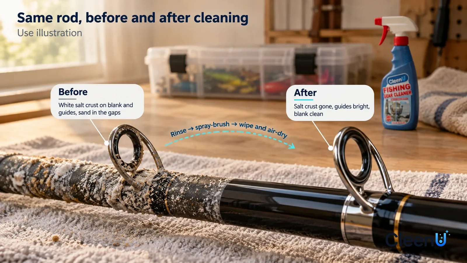 Illustration: CleenU Fishing Gear Cleaner — A full-screen low-angle close-up of a black carbon rod section with two metal guides in the same raking light: the untreated side has a laye