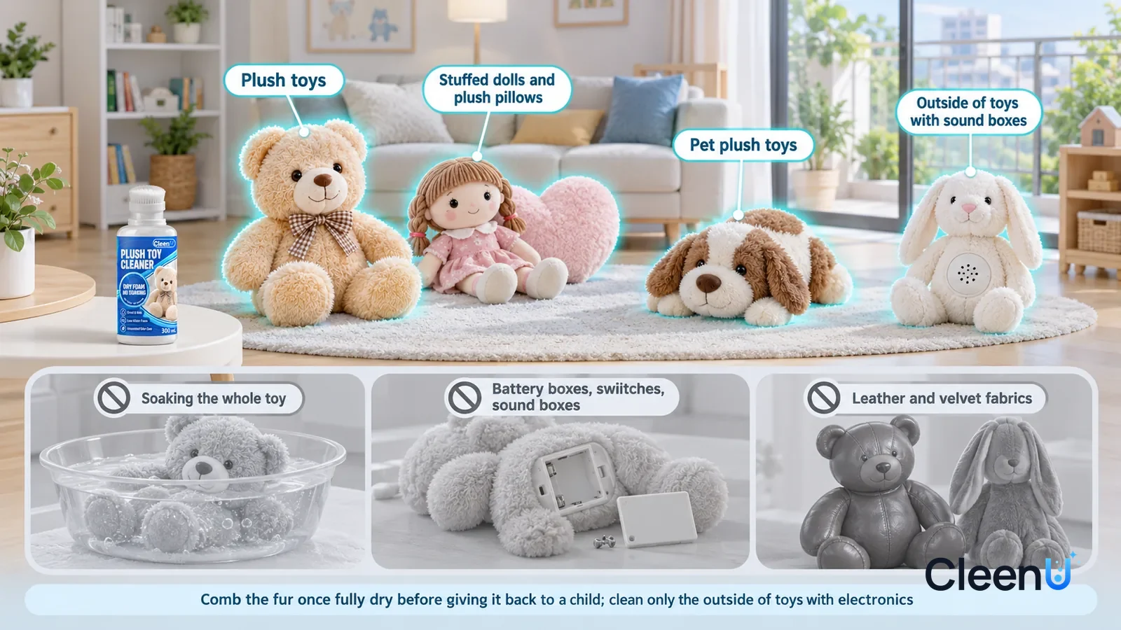 Illustration: CleenU Plush Toy Cleaner — A realistic 3D cutaway of a bright home's kids' room, living room, and balcony, one continuous space from one viewpoint
