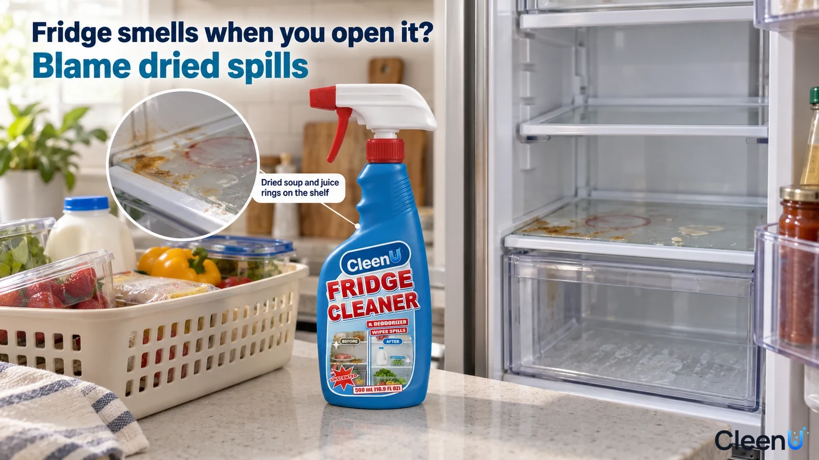 Illustration: Dried spills on an open refrigerator glass shelf beside a food basket and blue cleaner bottle.