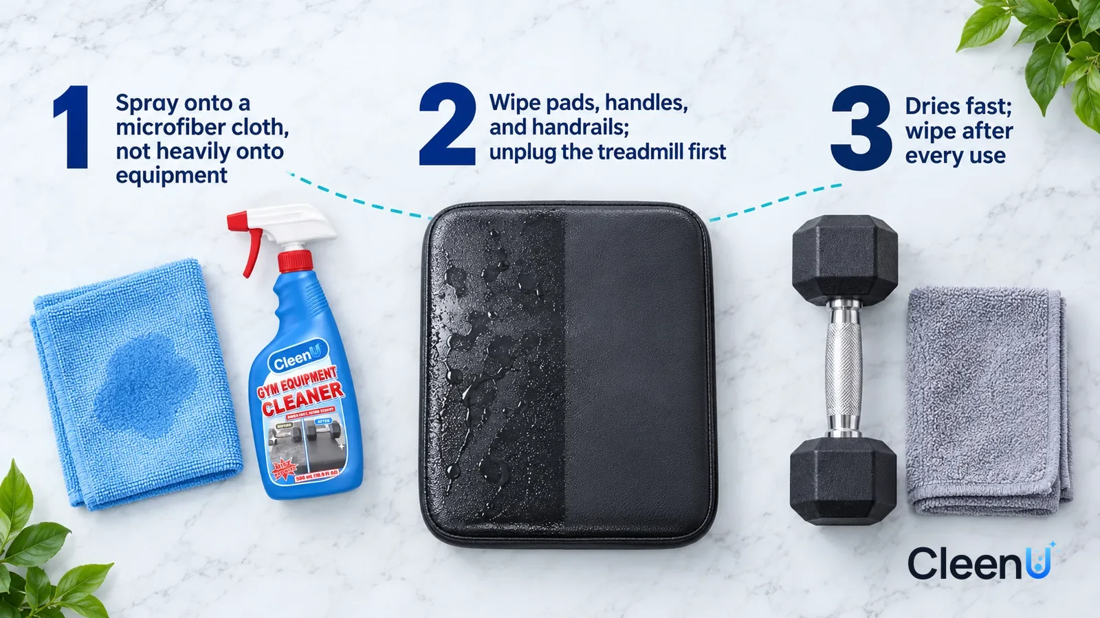 Illustration: CleenU Gym Equipment Cleaner — an overhead shot straight down onto a light marble tabletop, no hands: (1) a folded blue microfiber cloth with a small damp patch in the mid