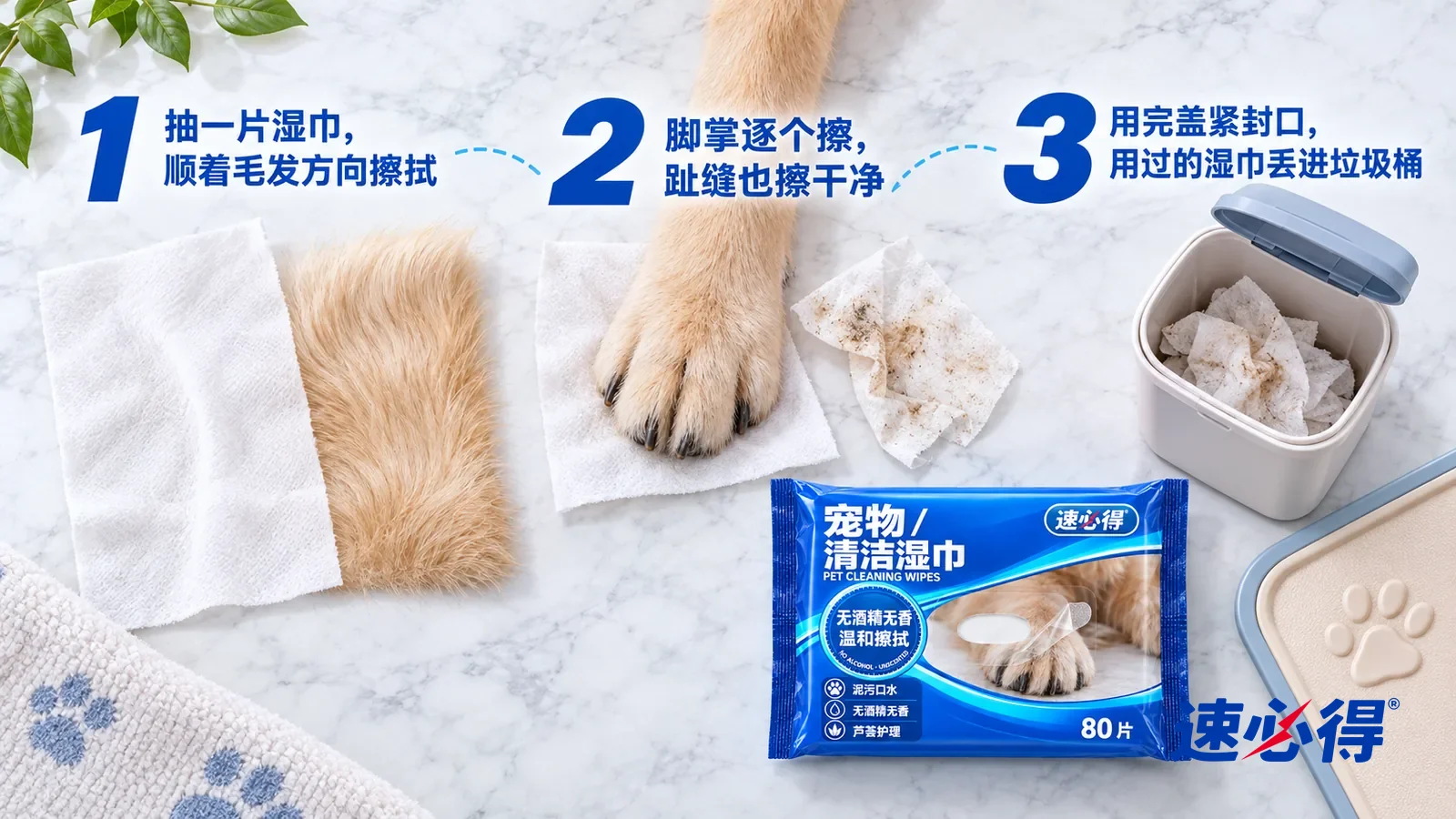 示意图:速必得宠物清洁湿巾——① 一张展开的白色湿巾和一块浅金色长毛样块,毛发顺着一个方向理顺;② 一只浅金色中型犬的前爪搭在白毛巾上,肉垫和趾缝干干净净