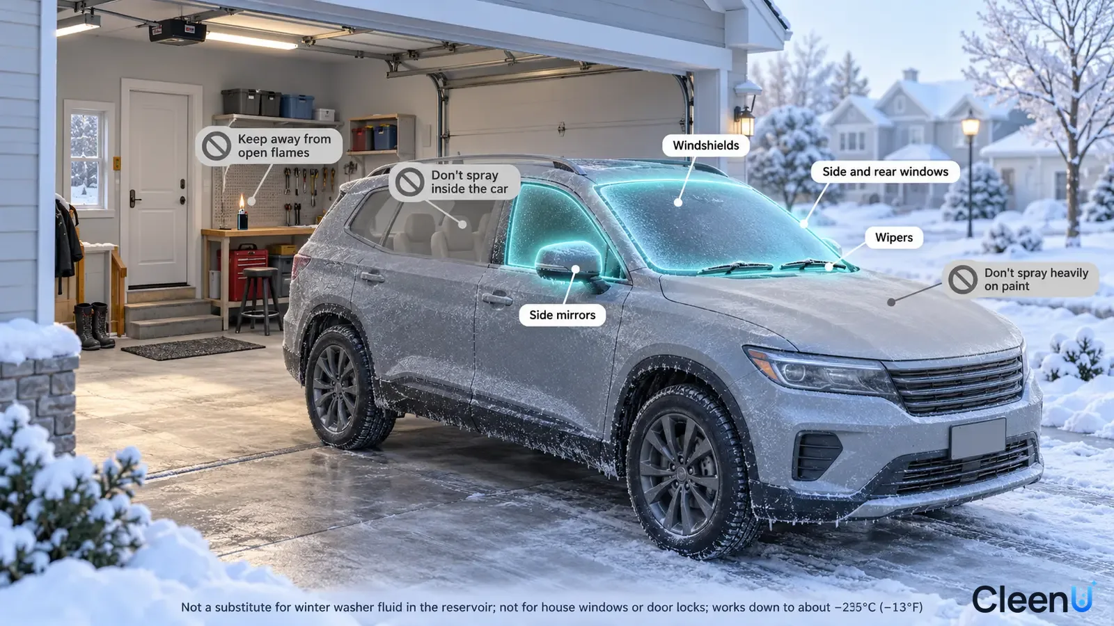 Illustration: Highlighted windshield, side windows, mirrors and wipers beside vehicle precautions.