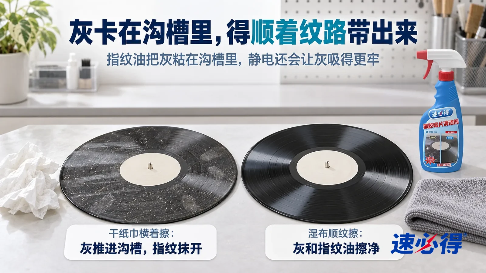 示意图：速必得黑胶唱片清洁剂——中心标签都是空白素色圆片，盘面都带着一样的灰尘和指纹，标题“灰卡在沟槽里，得顺着纹路带出来”