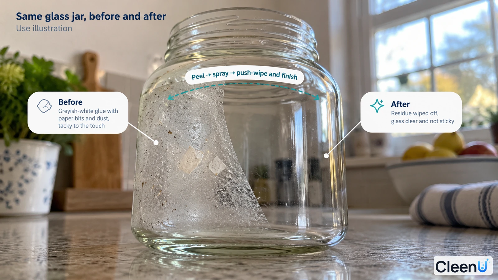 Illustration: Residue-covered and clearer areas of one glass jar; not a measured cleaning test.