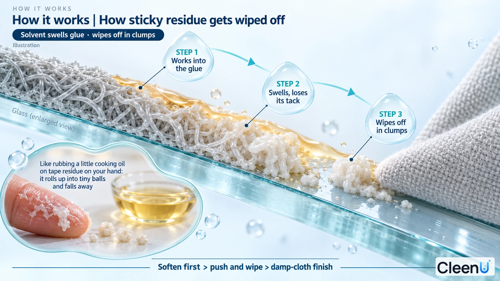 Illustration: A cross-section of adhesive fibers, drops and a cloth on glass with an eggshell analogy inset.