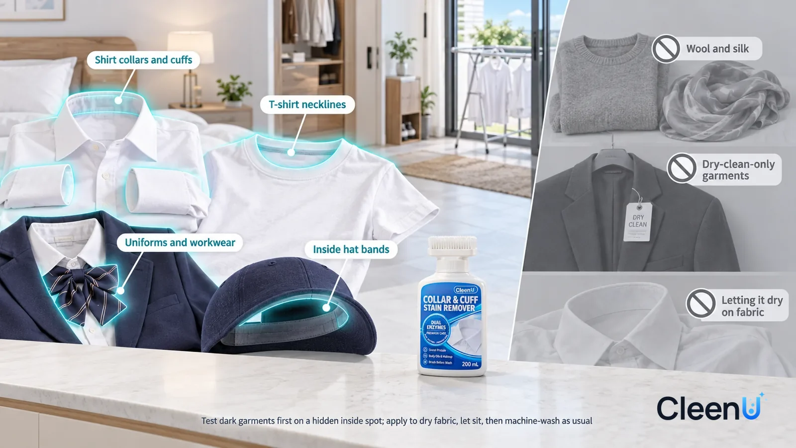 Illustration: CleenU Collar & Cuff Stain Remover — A realistic 3D cutaway of a bright home's bedroom, entryway, and balcony laundry area, one continuous space from one viewpoint