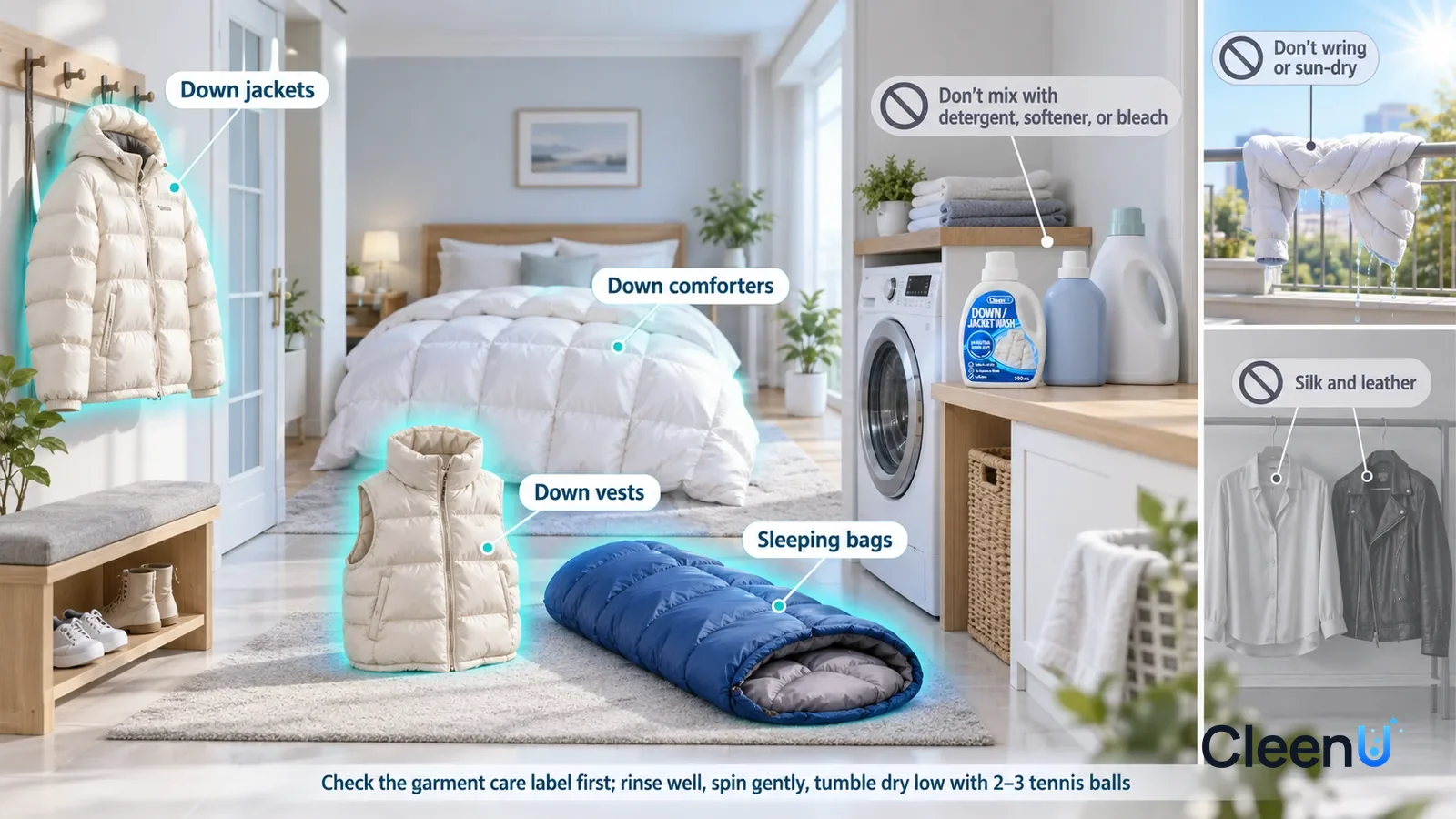 Illustration: CleenU Down Jacket Wash — A realistic 3D cutaway of a bright home's entryway, bedroom, and laundry room, one continuous space from one viewpoint, a down jacket