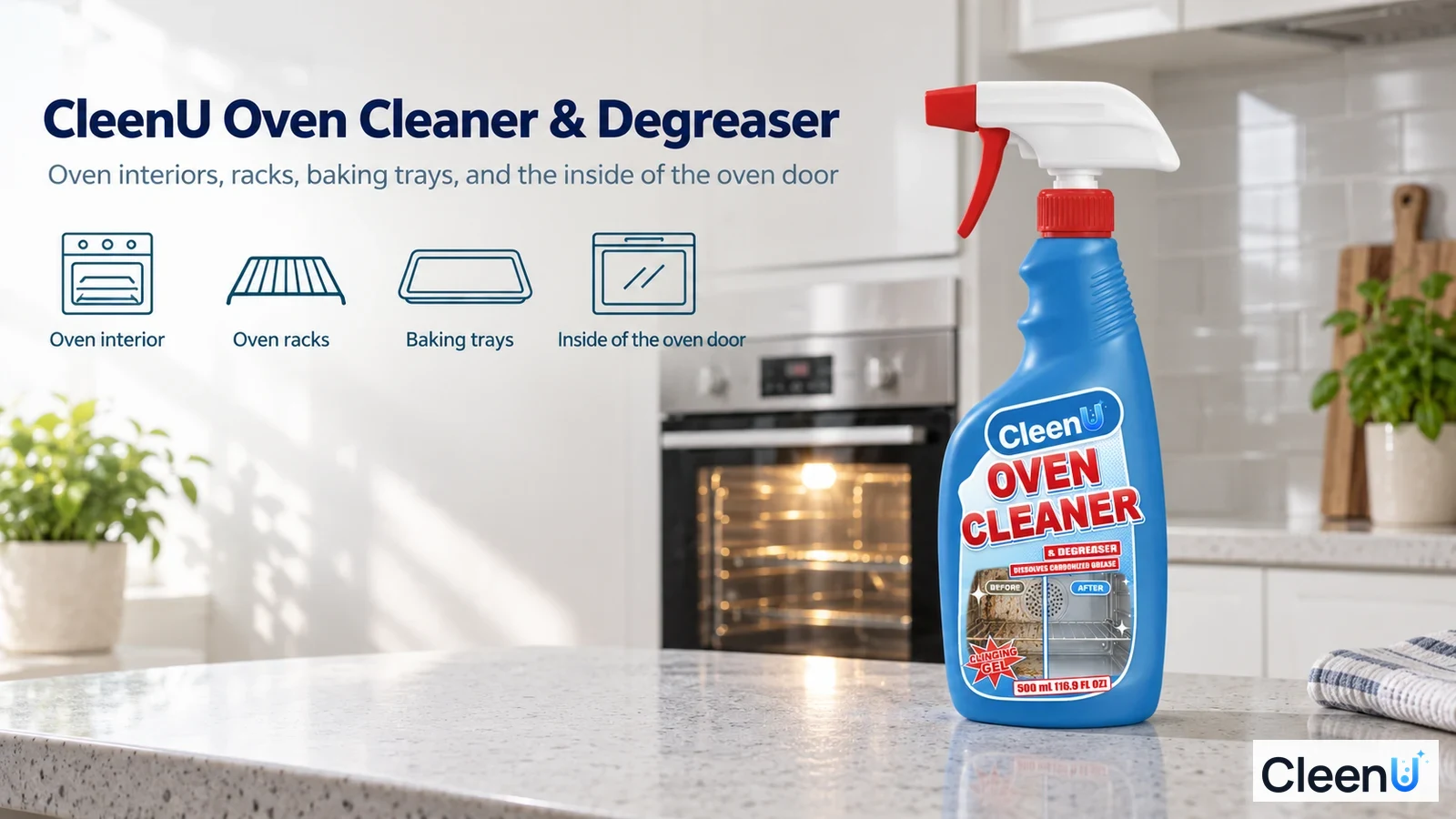 Illustration: A blue cleaner bottle beside a built-in oven with use icons.