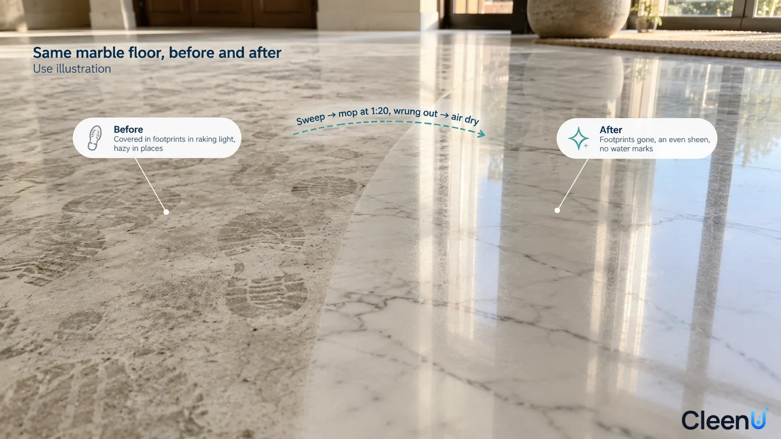 Illustration: Footprints and haze beside a brighter reflective stone-floor area; not a measured cleaning test.