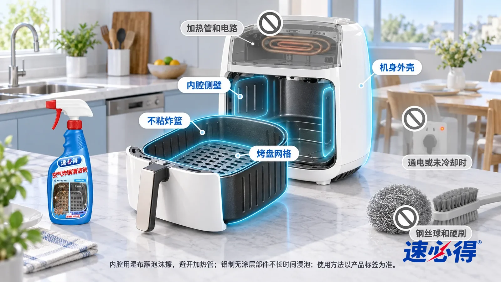 示意图：速必得空气炸锅清洁剂——一张写实 3D 剖面实景图，一套明亮的家的厨房和餐厅区域，连续空间、一个视角，不出现瓶子：无品牌标志的白色空气炸锅（插头已拔下）的不粘炸篮
