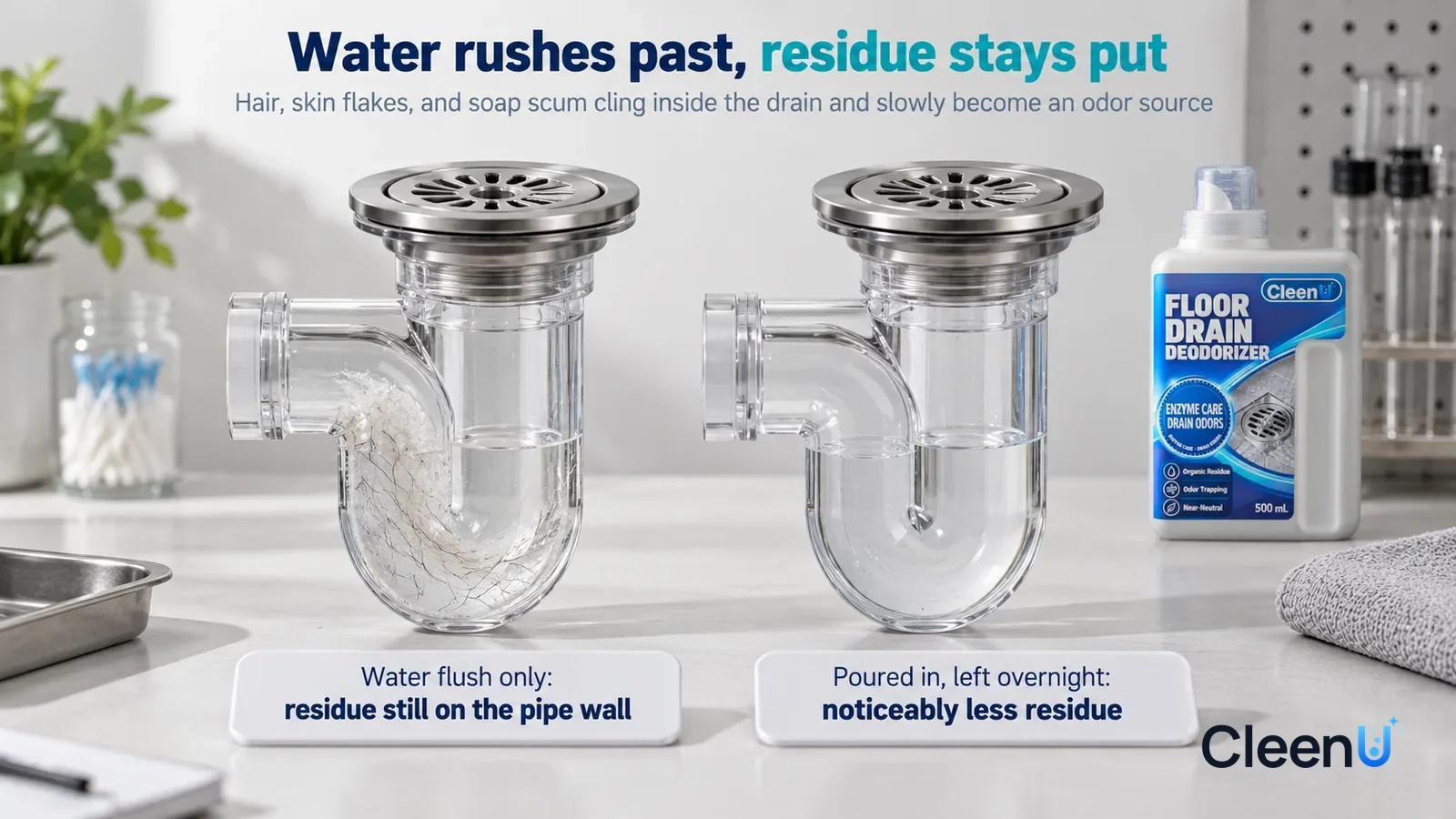 Illustration: CleenU Floor Drain Deodorizer — A landscape medium close-up of a small experiment in a cleaning lab: two identical clear drain-trap models side by side on a white test benc Headline: "Wa