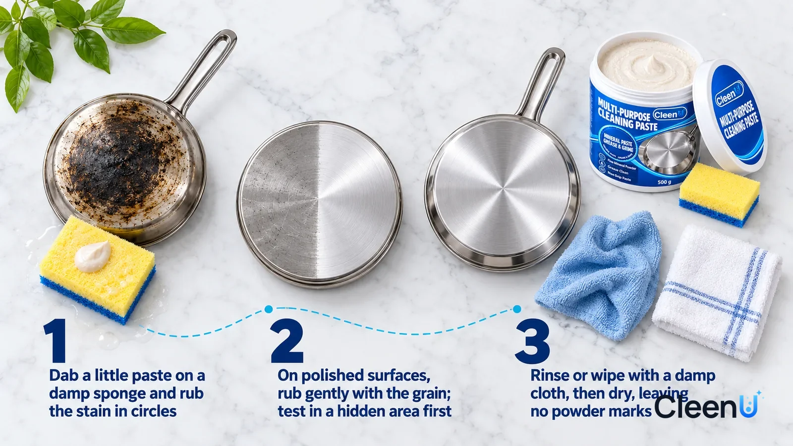 Illustration: CleenU Multi-Purpose Cleaning Paste — an overhead shot straight down onto a light marble tabletop, no hands: (1) a damp yellow-and-blue two-layer sponge with a small dab of off-w