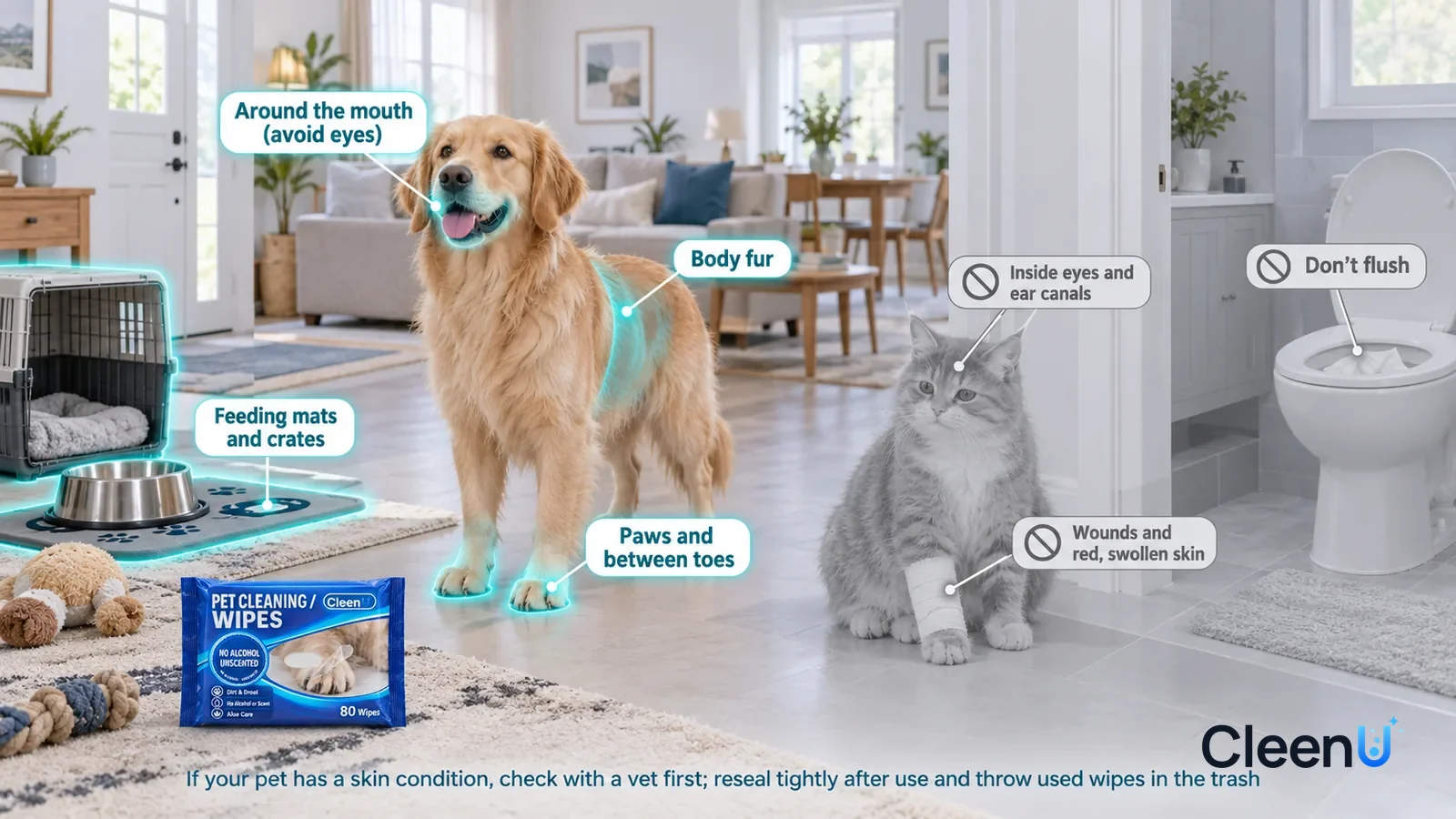 Illustration: CleenU Pet Cleaning Wipes — A realistic 3D cutaway of a bright home's entryway, living room, dining area, and bathroom