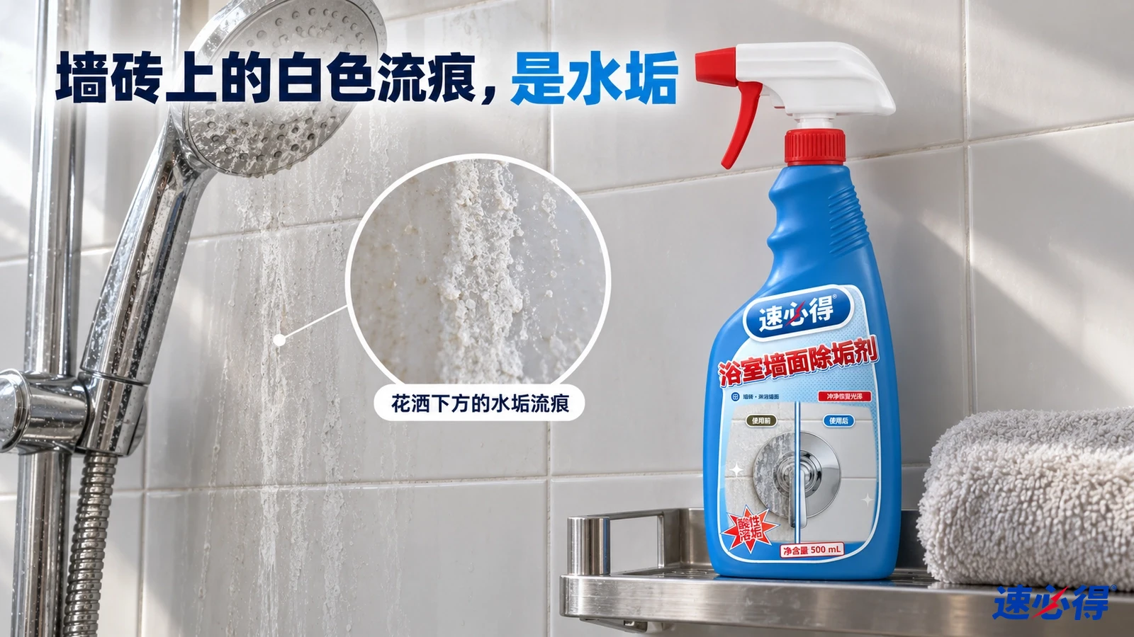 示意图：淋浴喷头下的墙砖留有白色水垢痕迹，旁边摆着蓝色清洁剂喷瓶。