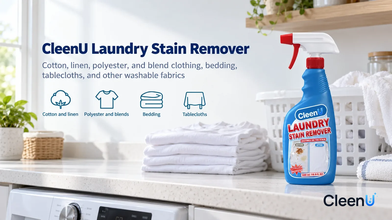 Illustration: CleenU Laundry Stain Remover — A bright, clean laundry room, a few clean white T-shirts folded on the counter above the washer next to a laundry basket