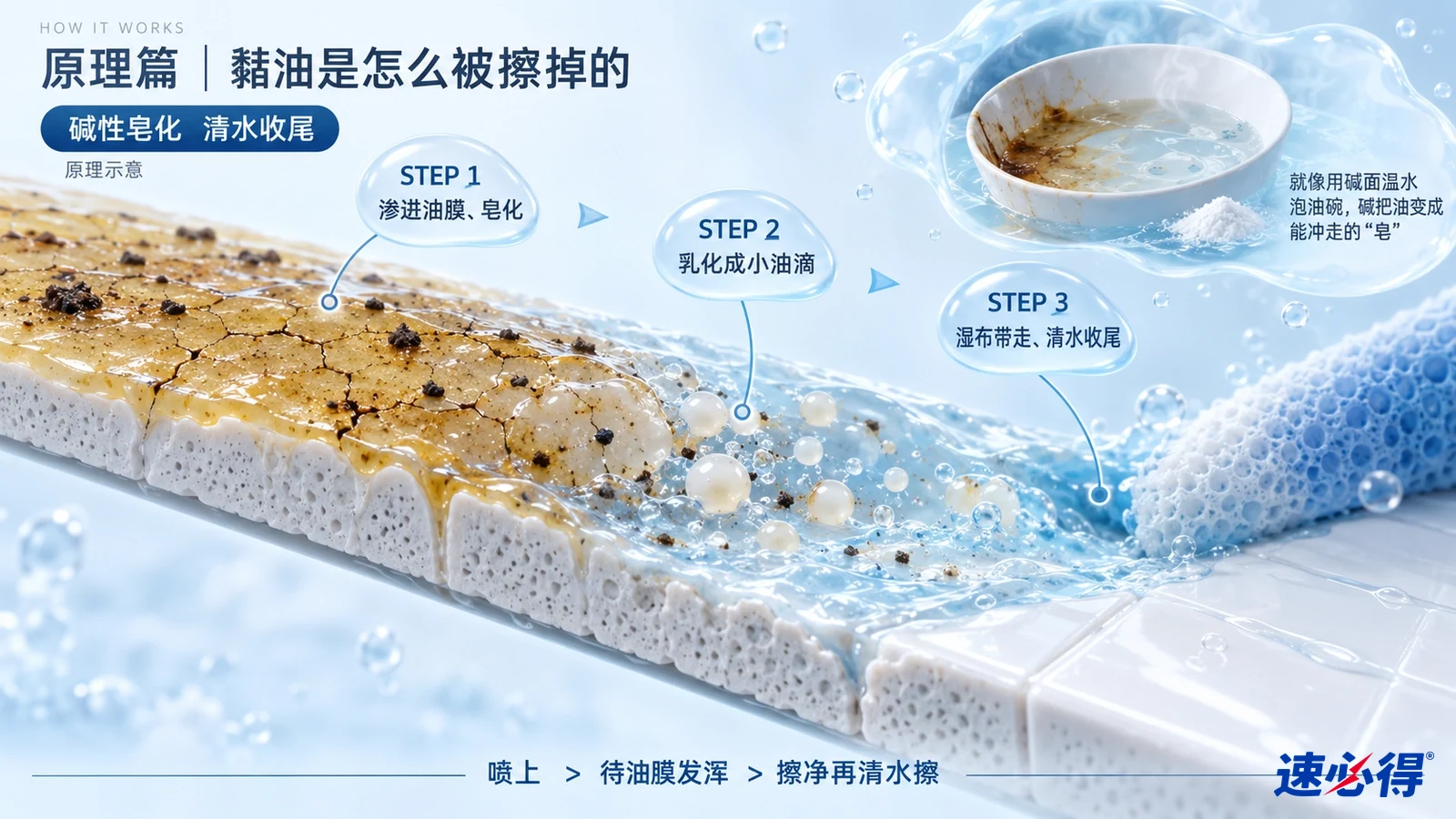 示意图：瓷砖表面剖面、黄色油膜、泡沫和海绵。