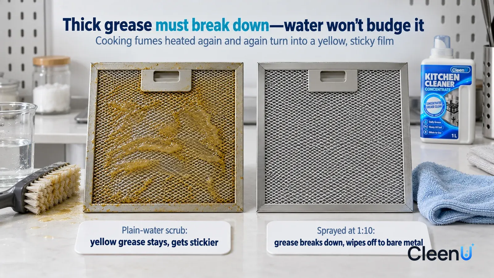 Illustration: CleenU Kitchen Cleaner Concentrate — A landscape medium close-up of a small experiment in a cleaning lab: two identical metal filter samples side by side on a white test bench Headline: