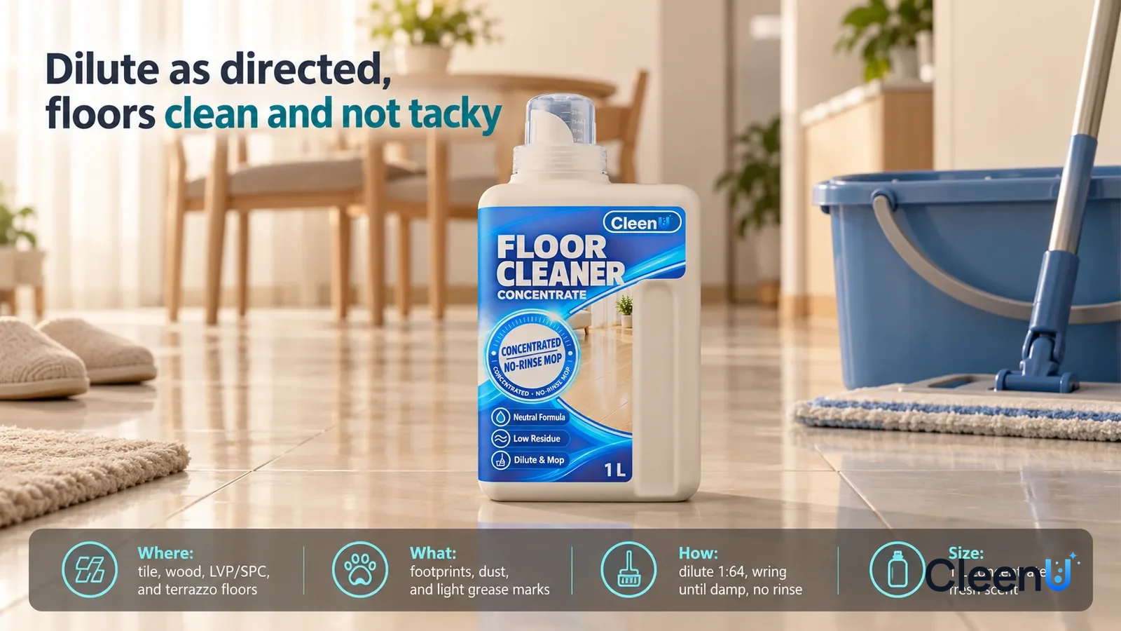 Illustration: CleenU Floor Cleaner Concentrate, measuring cap on, stands centered on a clean light tile floor, a blue mop bucket beside it, the clean