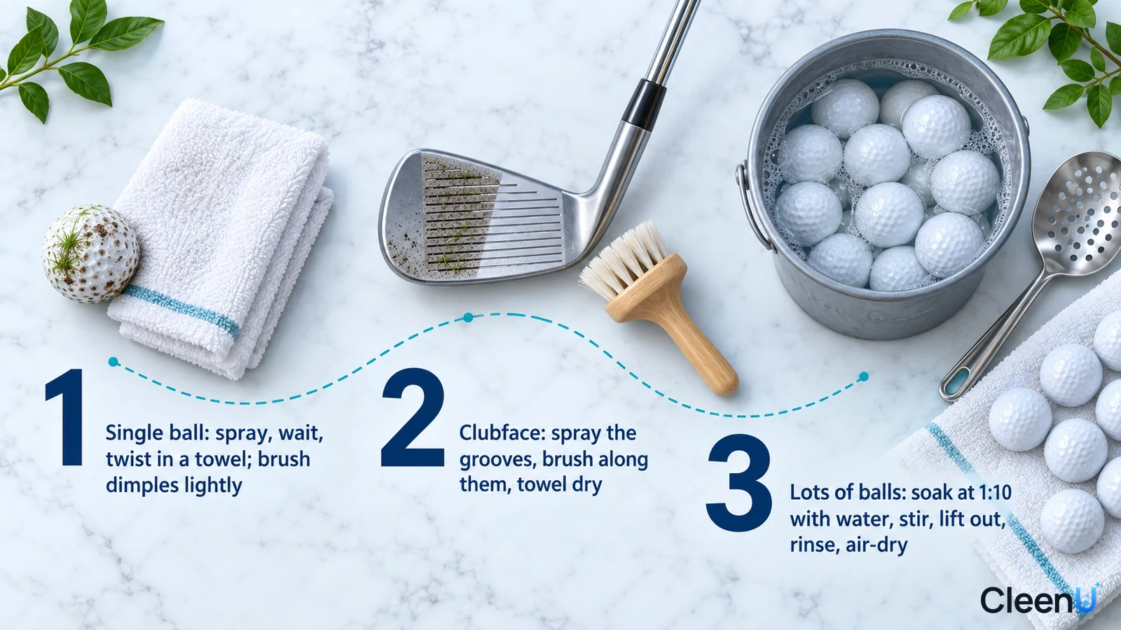 Illustration: Golf balls, a towel, club head, small brush and basin of balls with numbered steps.