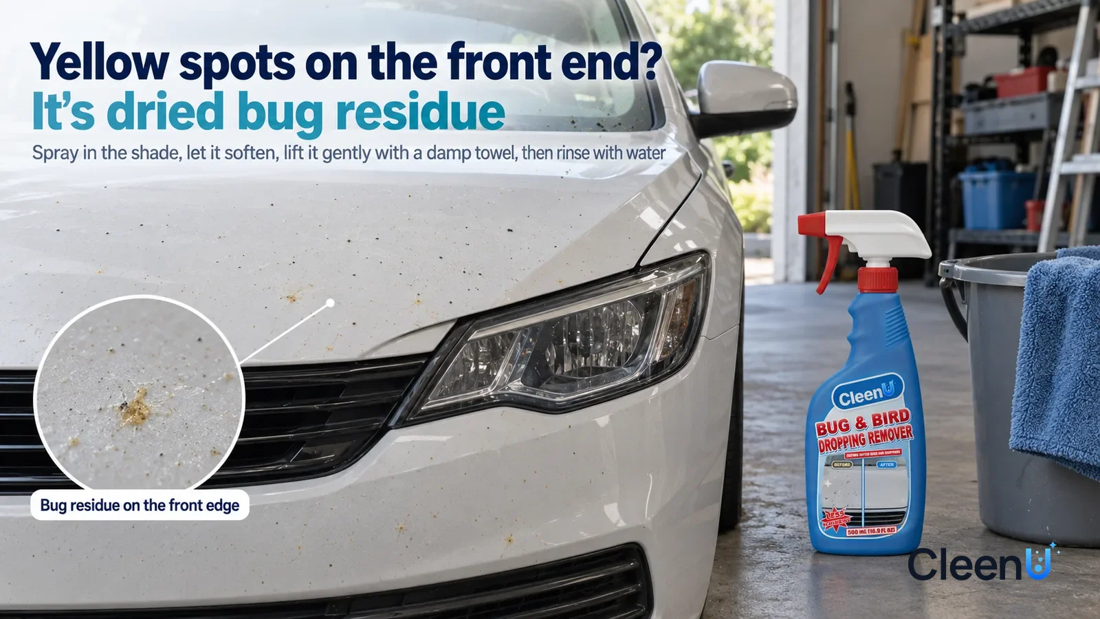 Illustration: CleenU Bug & Bird Dropping Remover — A shady home garage doorway, one front corner of a light-colored family car with no logos and no plate; in side light Headline: "Yellow spots on the