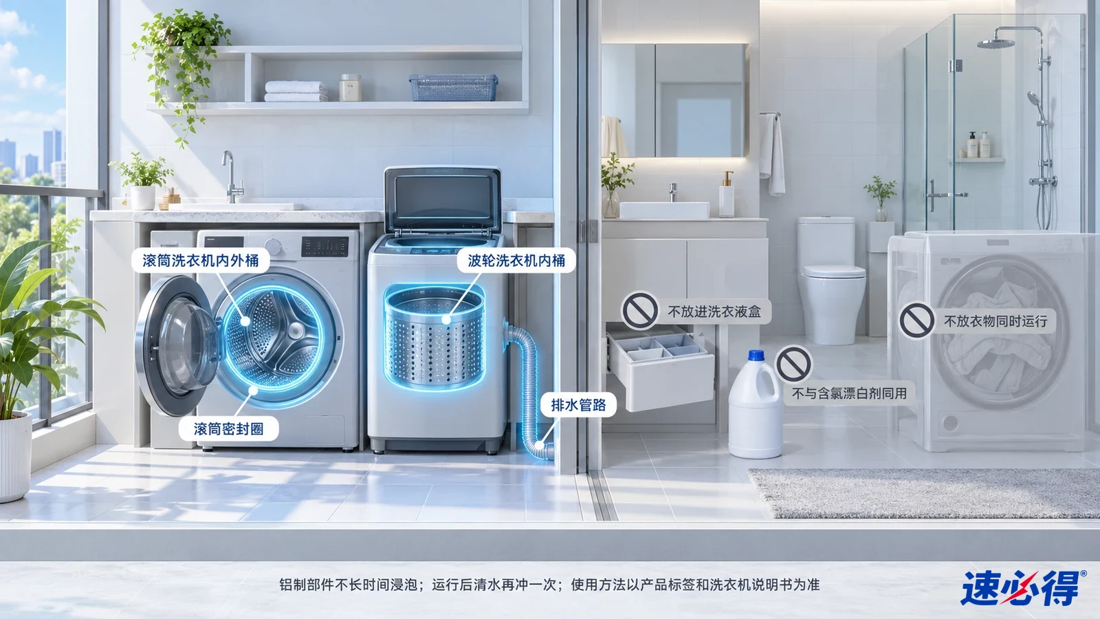 示意图：前开门与上开门洗衣机及滚筒被突出显示，旁列设备使用注意事项。