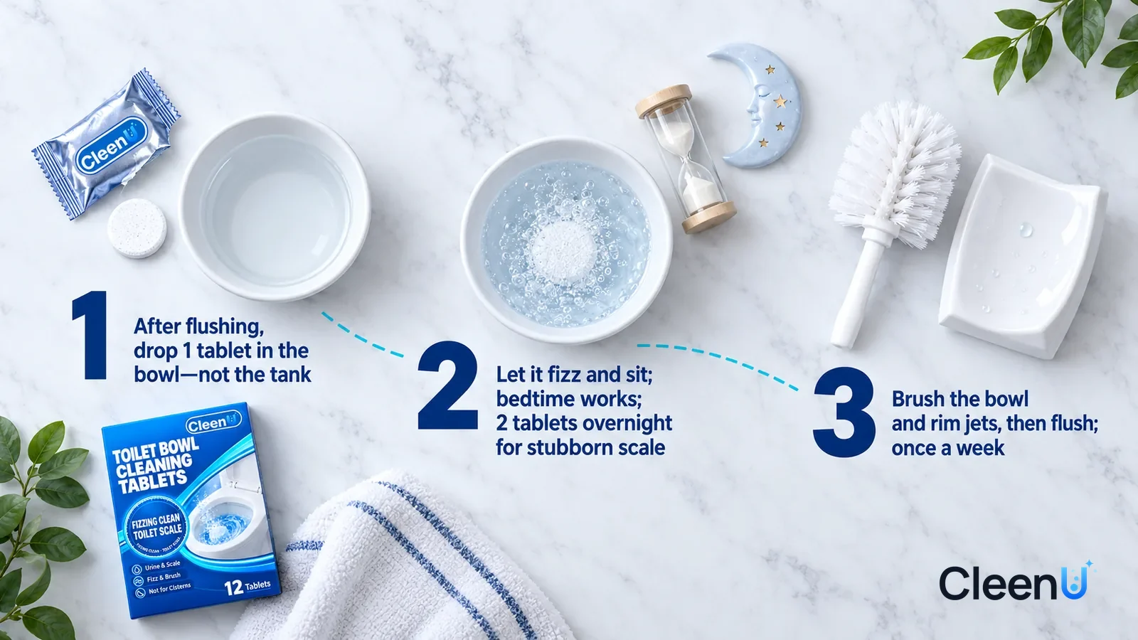 Illustration: CleenU Toilet Bowl Cleaning Tablets — an overhead shot straight down onto a light marble tabletop, no bottle and no hands: (1) a torn-open silver-blue foil sachet and one white r