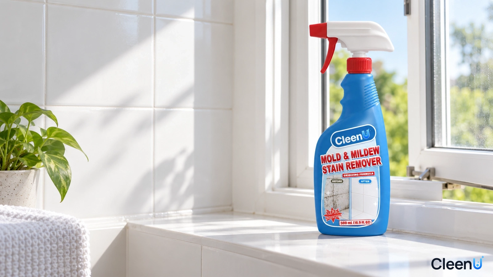 Illustration: A blue cleaner bottle on a white bathroom windowsill beside a glass shower enclosure.