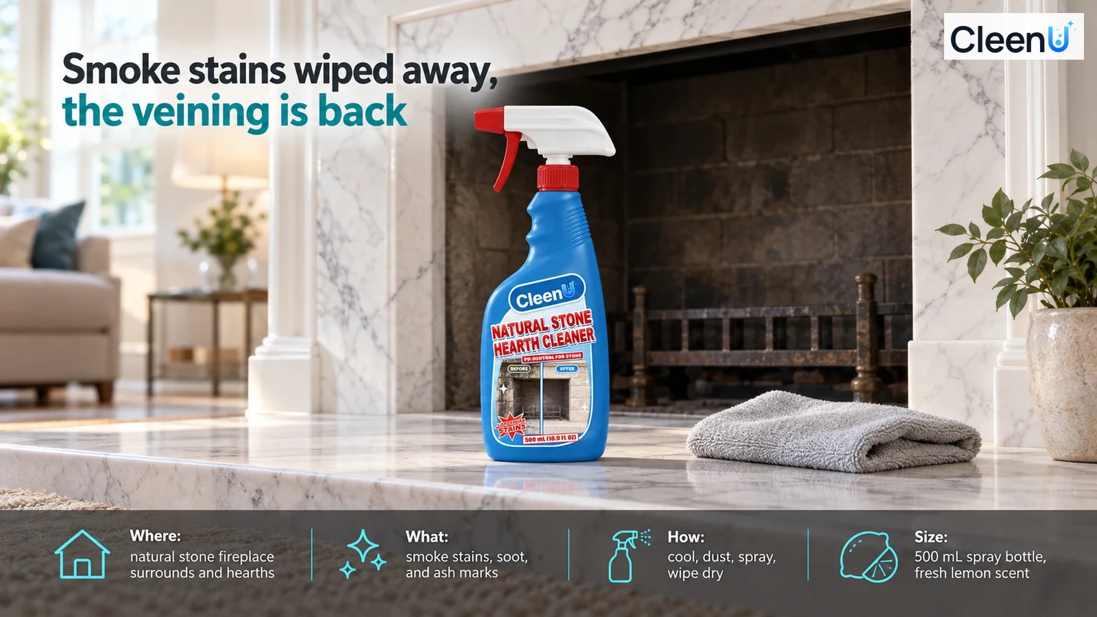Illustration: A blue cleaner bottle and gray cloth on a stone fireplace hearth.