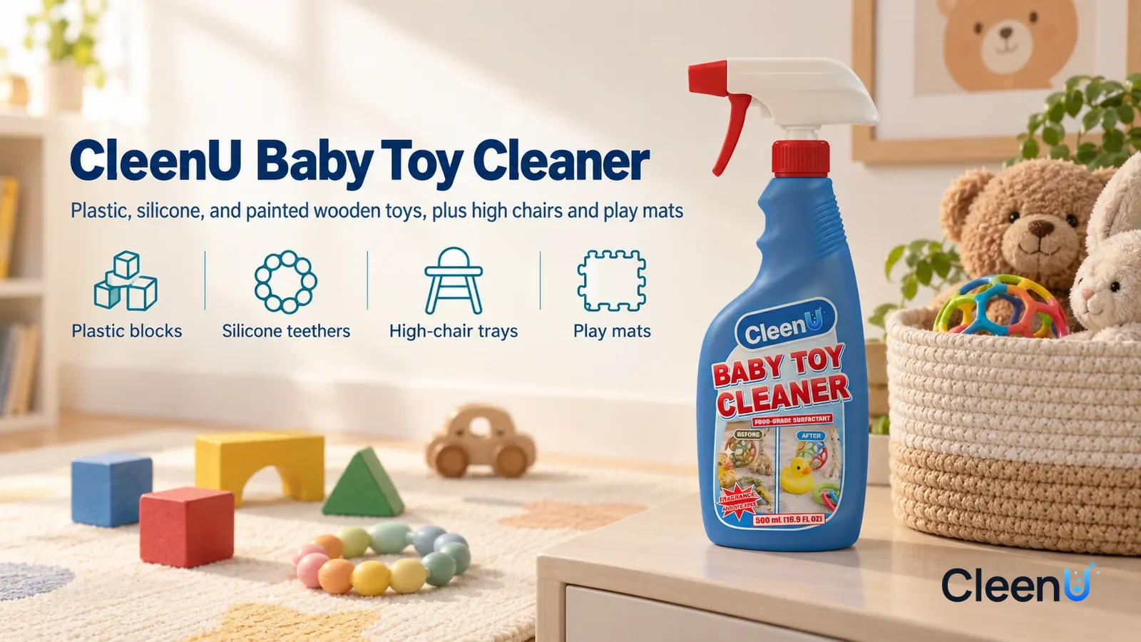 Illustration: CleenU Baby Toy Cleaner — A bright, tidy kids' room, a few clean colorful blocks and a silicone teether ring (all unbranded) neatly placed on a light play mat