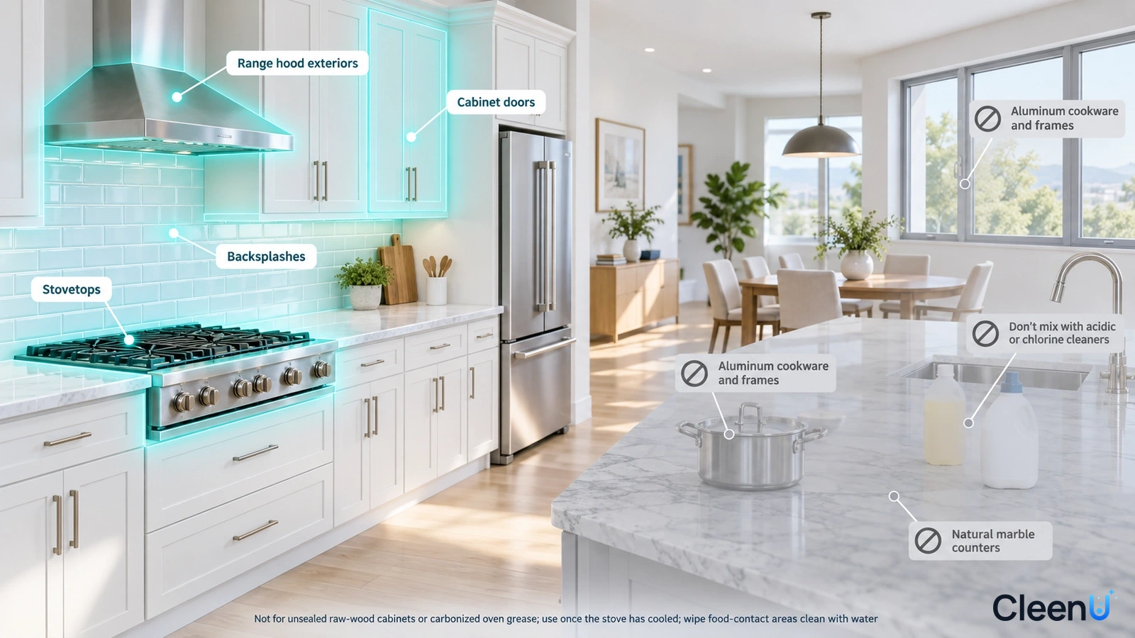 Illustration: Highlighted range hood, stovetop and tiled backsplash beside material precautions.