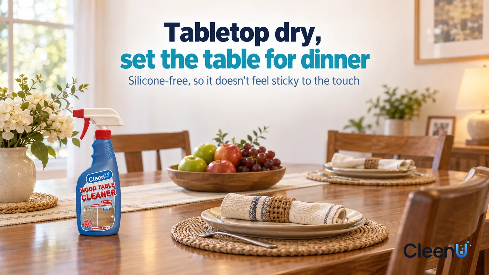 Illustration: CleenU Wood Table Cleaner & Polish — A bright early-evening dining room, a sealed solid-wood dining table with a warm sheen and clear grain in soft window light Headline: "Tabletop dry,