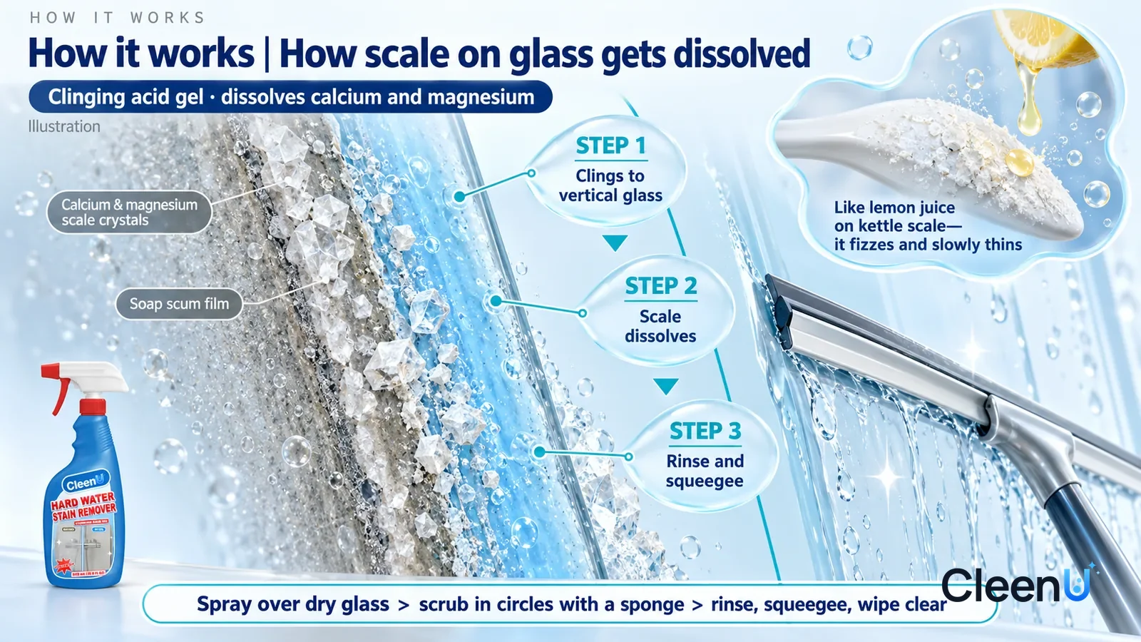 Illustration: CleenU Hard Water Stain Remover — an enormously magnified cross-section of upright clear glass runs diagonally from upper left to lower right; on the left rings of rough whit