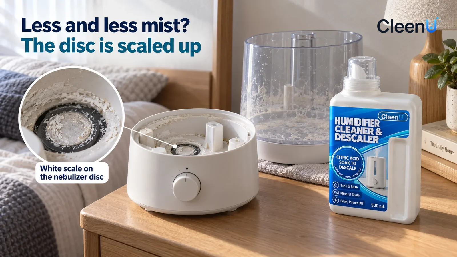 Illustration: CleenU Humidifier Cleaner & Descaler — An everyday bedroom nightstand, a white tabletop ultrasonic humidifier (no brand marks) unplugged