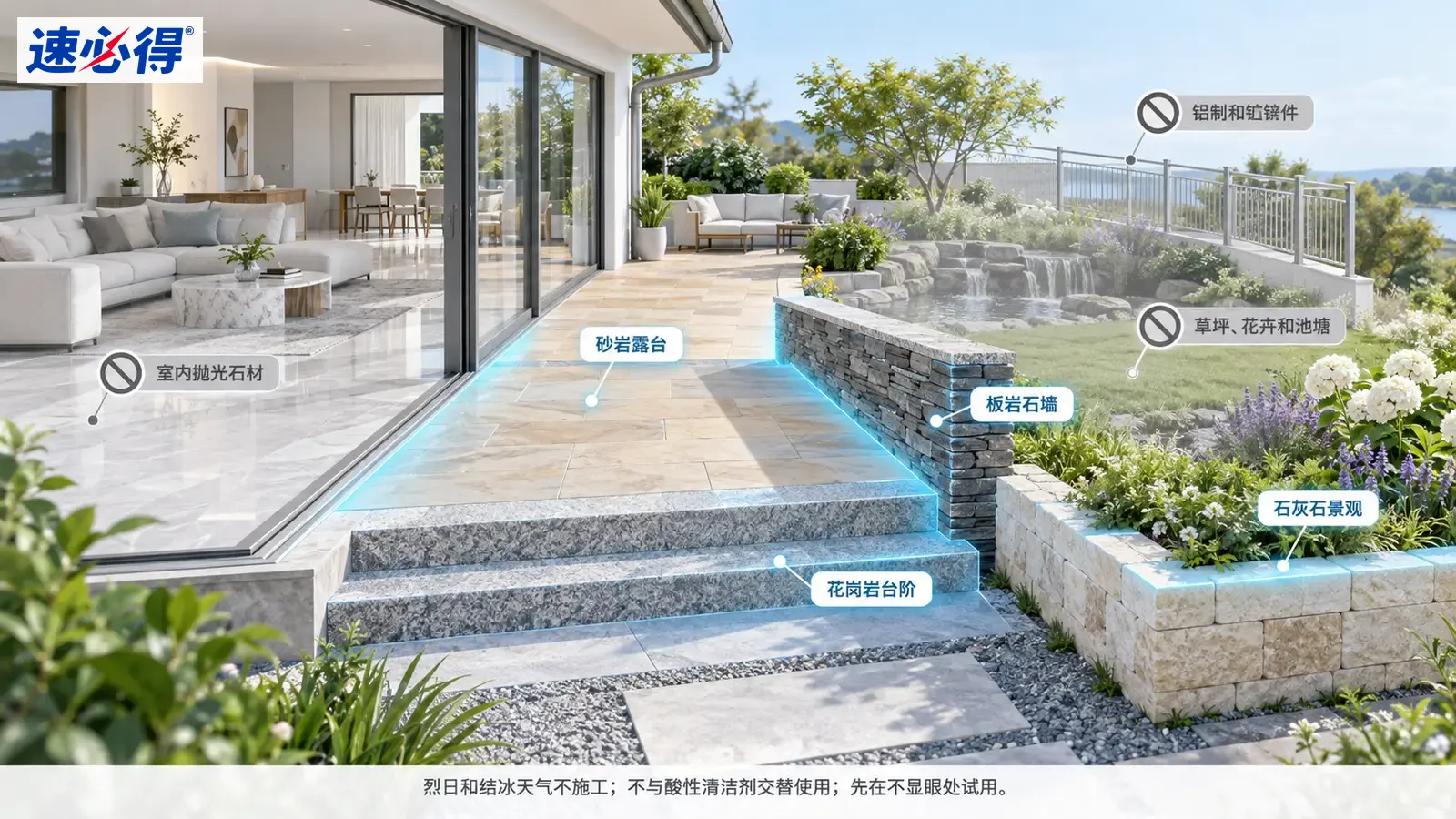 示意图：庭院石阶、石板与石墙区域被突出显示，旁列材质注意事项。