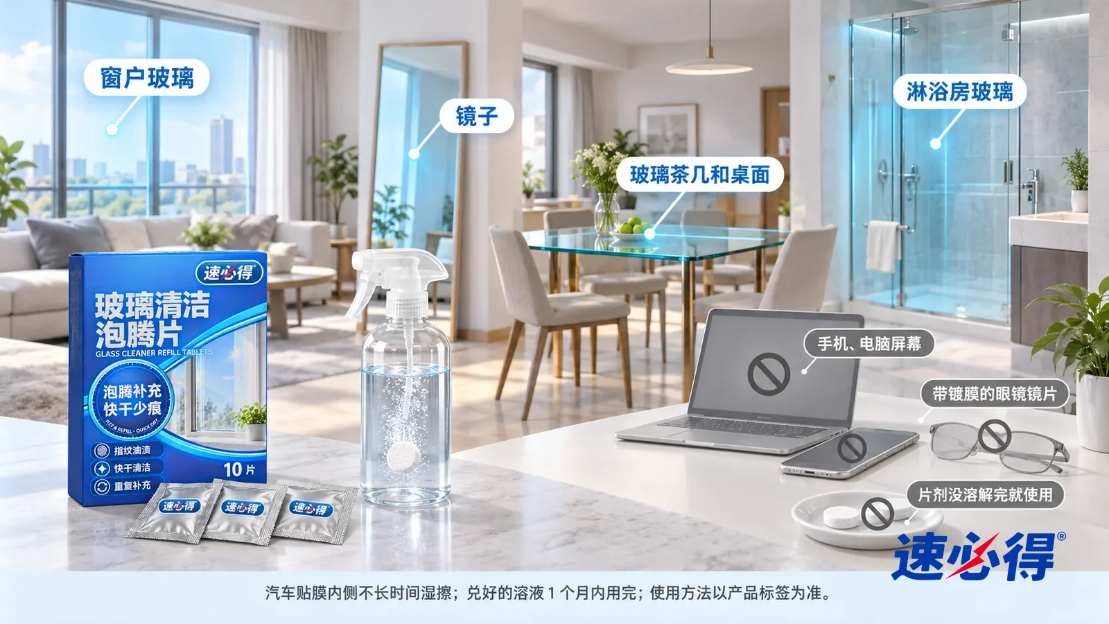 示意图:速必得玻璃清洁泡腾片——一张写实 3D 剖面实景图,一套明亮的家的客厅、餐厅、卧室和浴室,连续空间、一个视角:落地窗、穿衣镜、玻璃餐桌